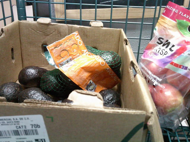 Cardboard box of avocados with a bag of apples next to it on a shelf.